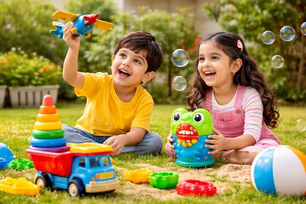 kids playing with outdoor toys in garden enjoying fun and active play
